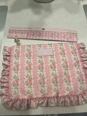 NWT LoveShackFancy Pink Floral Ruffle Accessory Pouch